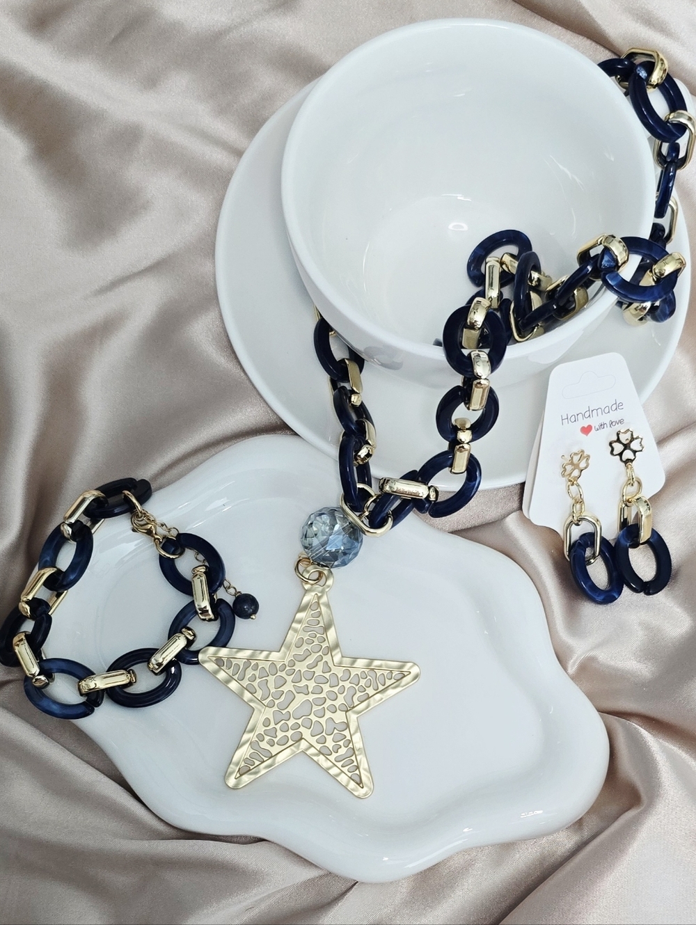 Long Chain Necklace, Matching Earrings And A Bracelet Set.